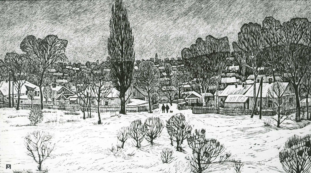 «Село взимку» із серії «Пори року». 1989. Ліногравюра